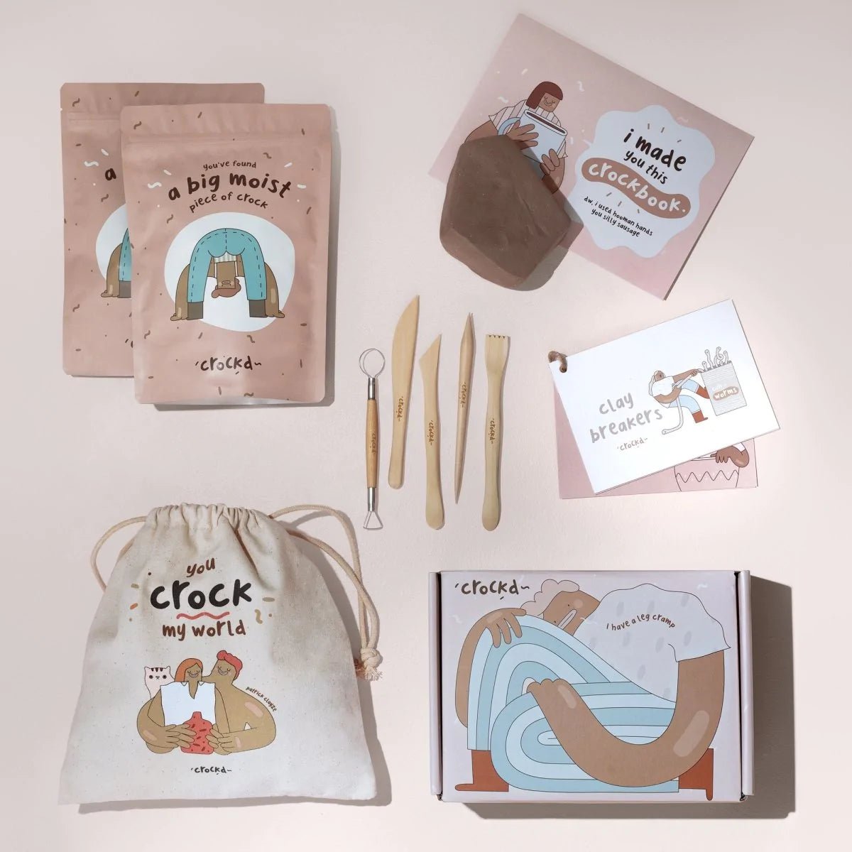 A flat lay shot that shows the Crockd Group Pottery Kit inclusions